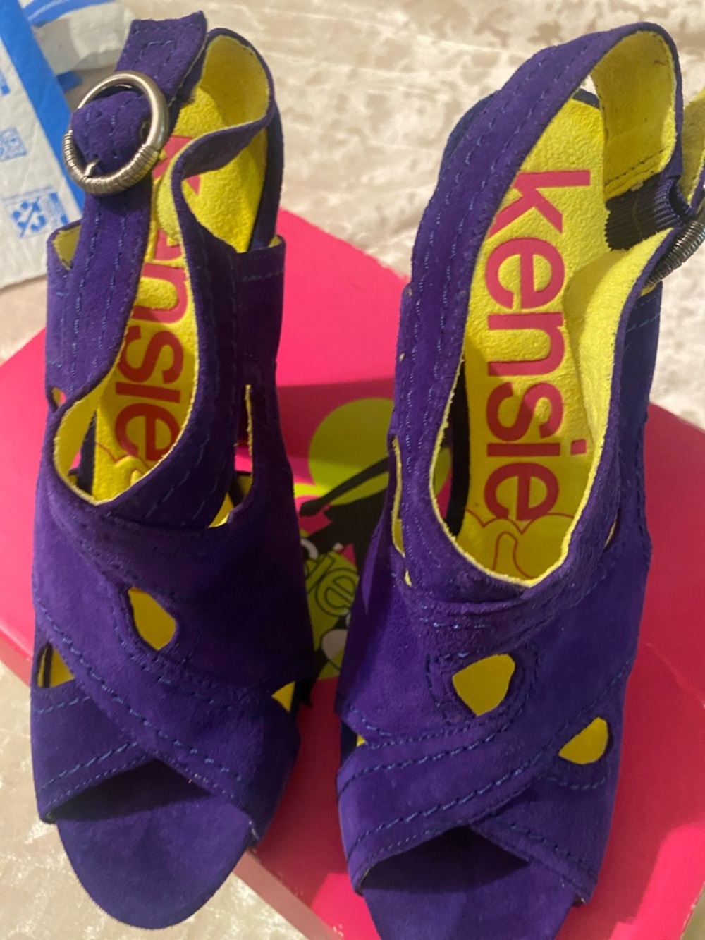 Kensie Purple Suede Peep-Toe Slingback Heels with Yellow Insole